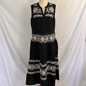 Chico's Linen Embroidered Whimsygoth Boho Tiered Maxi Dress Black Sz 6 (0.5)